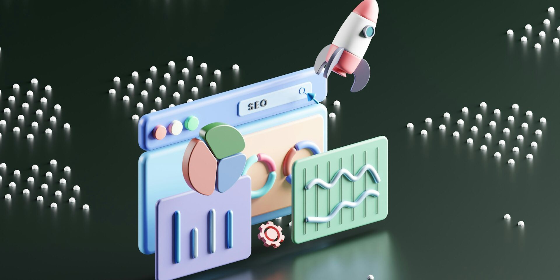 Illustratie van SEO aanpak met grafieken, zoekbalk en raket voor groei