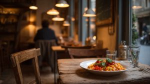 Bord verse pasta met tomatensaus op een rustiek houten tafeltje in een gezellig Italiaans restaurant
