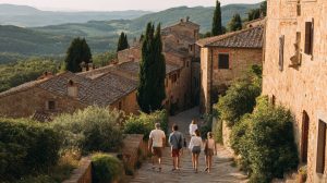 Groep reizigers loopt samen door een pittoresk Toscaans heuveldorp bij zonsondergang tijdens een georganiseerde rondreis