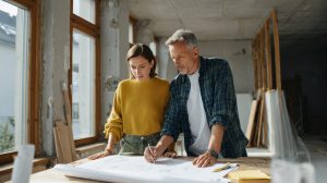 Aannemer en klant bespreken samen een bouwtekening op een houten werktafel tijdens een verbouwing in aanbouw