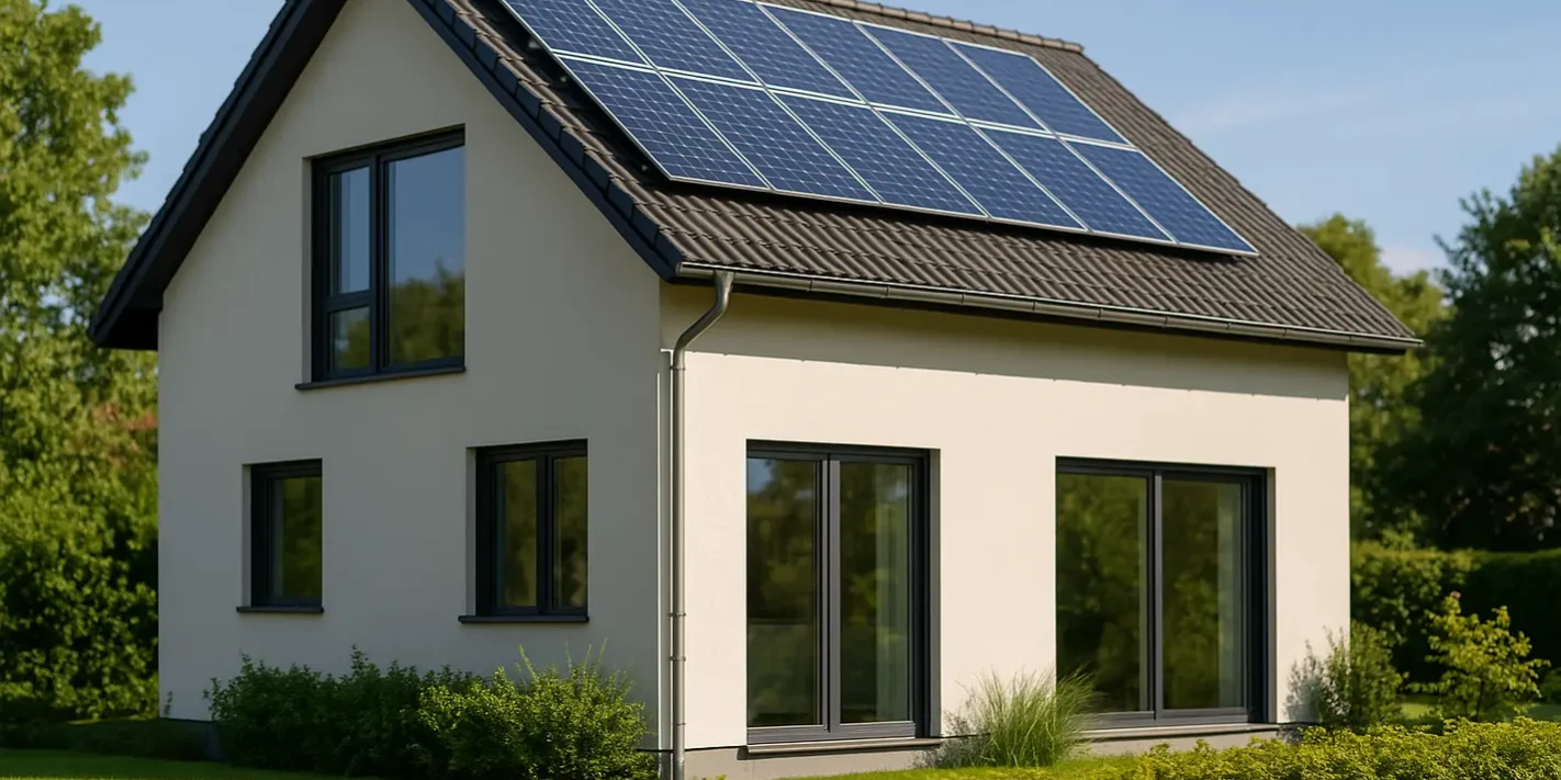 Verschillende manieren om je huis te verduurzamen Modern huis verduurzamen met zonnepanelen, energiezuinige ramen en groene tuin