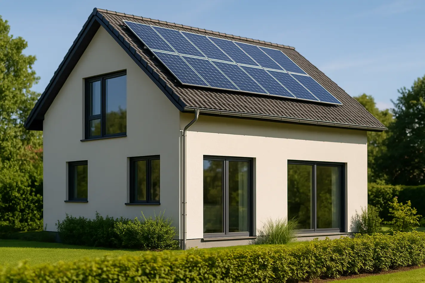 Verschillende manieren om je huis te verduurzamen Modern huis verduurzamen met zonnepanelen, energiezuinige ramen en groene tuin