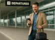 Reiziger met bagage controleert telefoon op luchthaven, geen dure verrassing
