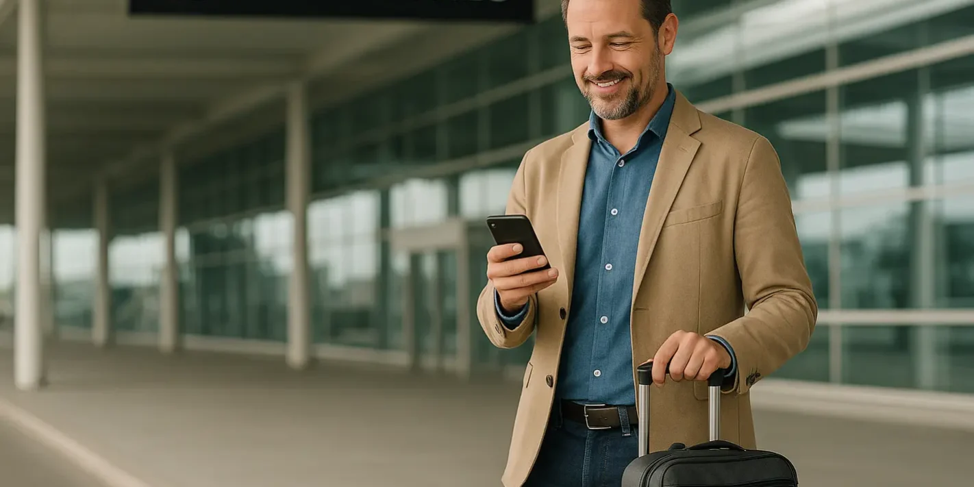 Reiziger met bagage controleert telefoon op luchthaven, geen dure verrassing