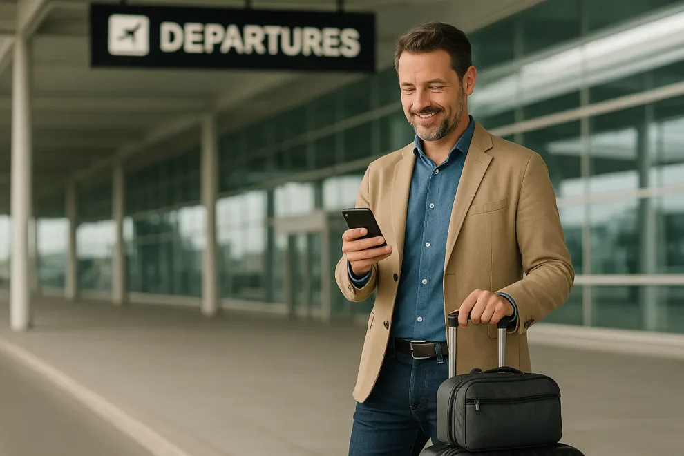 Reiziger met bagage controleert telefoon op luchthaven, geen dure verrassing