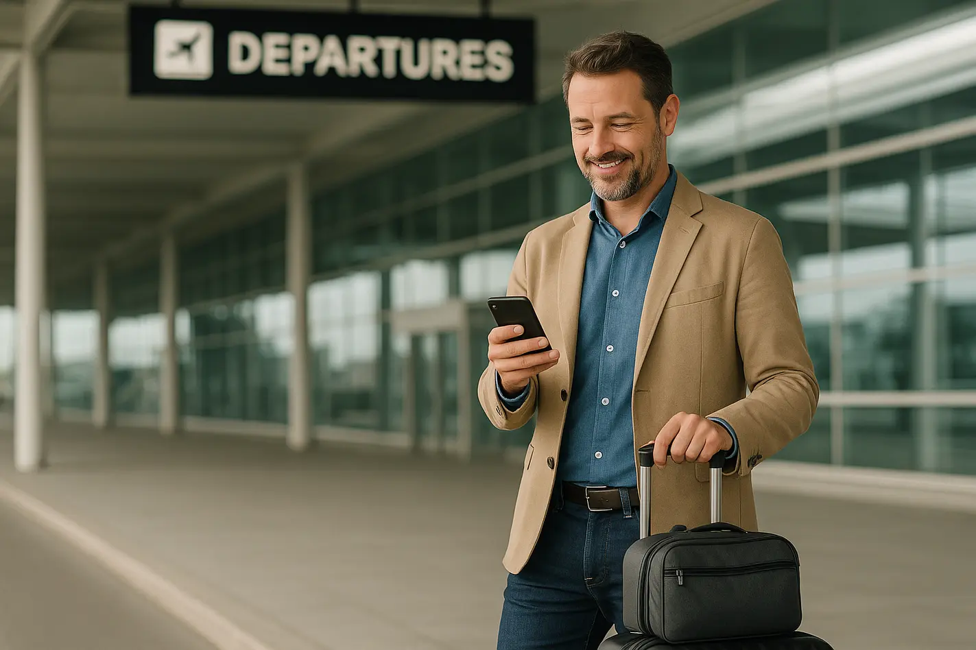 Reiziger met bagage controleert telefoon op luchthaven, geen dure verrassing
